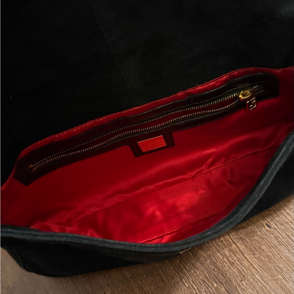 Fendi Black Suede Shoulder Bag with Gold & Red Logo Plaque - Picture 6 of 10